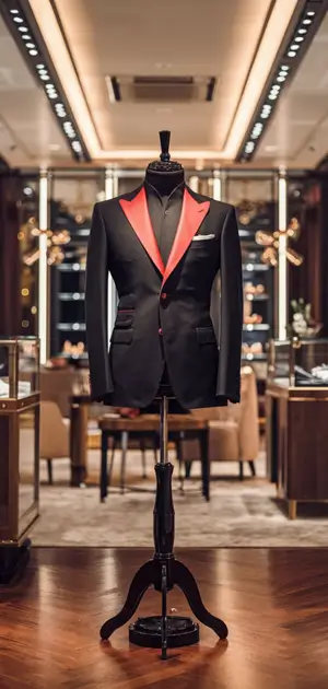 Black blazer with red trim and sharp tailoring