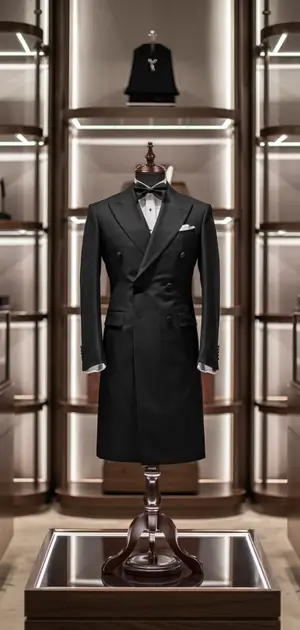 Black double-breasted coat with tuxedo styling