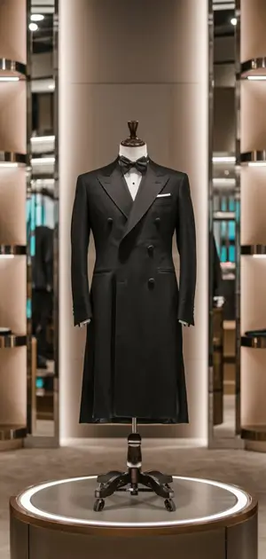 Black formal coat with peak lapels in a luxury store