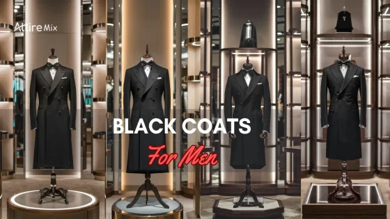 Elegant black coats for men displayed in a luxury setting