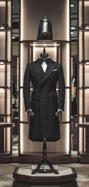 Formal black coat with tuxedo design in a luxury showroom