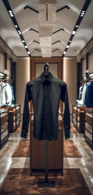 Black dress shirt displayed in an elegant boutique with mirrored walls