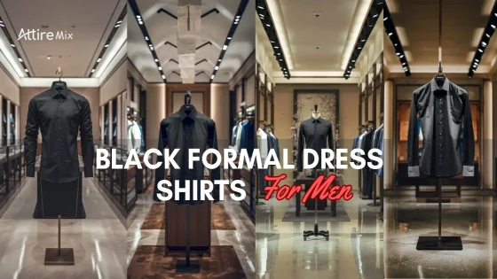 Black formal dress shirts for men displayed in a luxury clothing store.