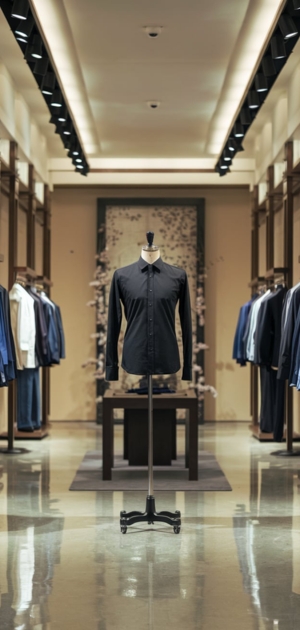 Black dress shirt in a modern boutique with wooden and glass displays