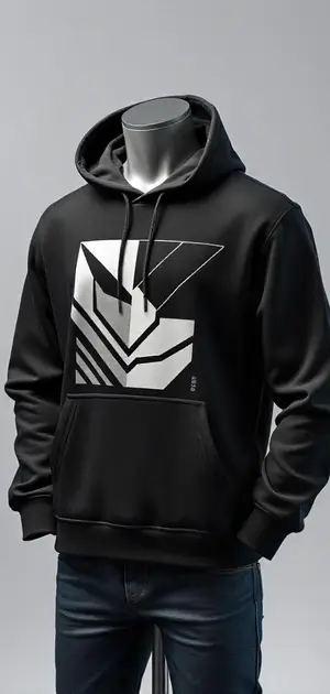 Black hoodie with white abstract graphics and a floral design on the chest