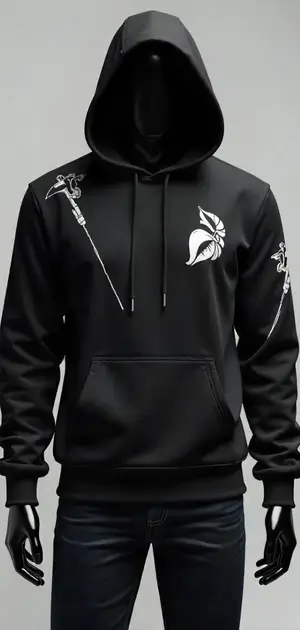 Black hoodie with white spear and leaf graphics on the shoulders.