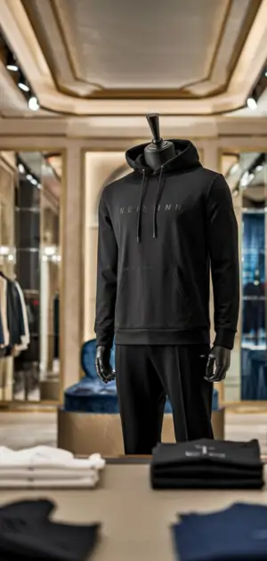 Black hoodie with minimal branding on display in a premium store