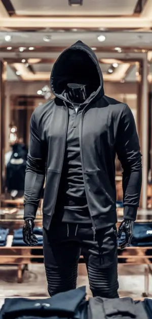 Black zip-up hoodie with a sporty design on a mannequin
