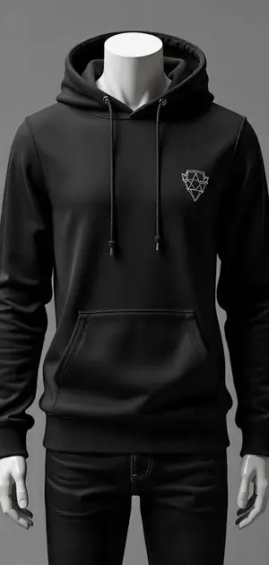 Black hoodie with a small geometric white logo on the left chest