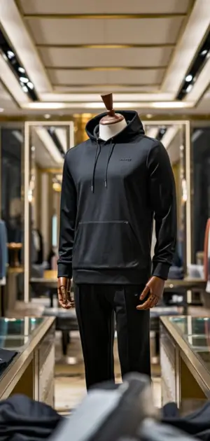 Black hoodie featuring branding details on a mannequin