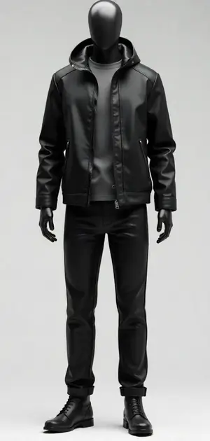 Black hooded jacket with full-zip closure and sleek pants