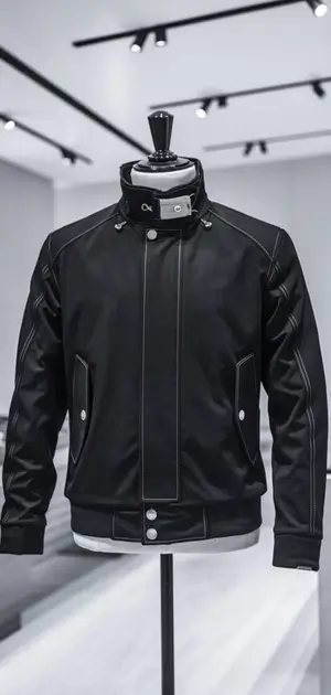 Black bomber jacket with high collar and button details