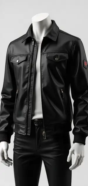 Black leather jacket with zip pockets and snap-button collar