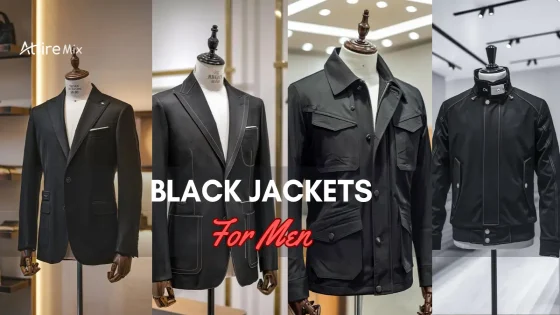 Four black jackets for men displayed in various styles.