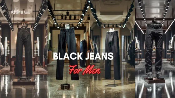 Black jeans for men displayed in various styles and settings