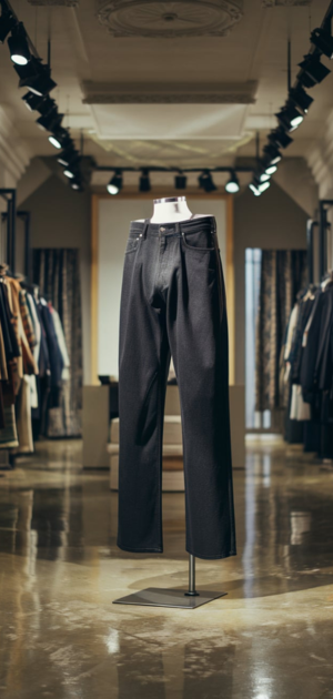 Black straight-fit jeans displayed in a high-end showroom