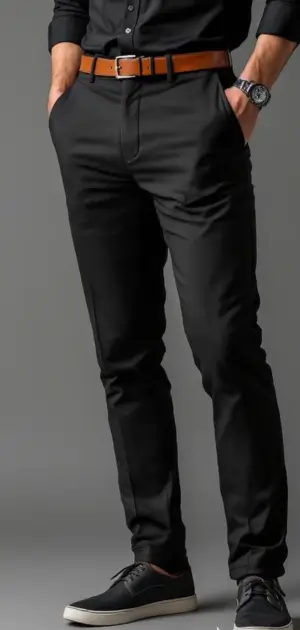 Man wearing slim black trousers with a black shirt, tan belt, and black sneakers