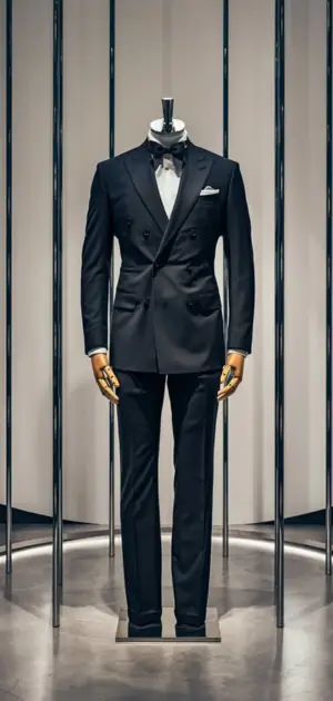 Black suit with matching pants on a mannequin in a stylish retail store