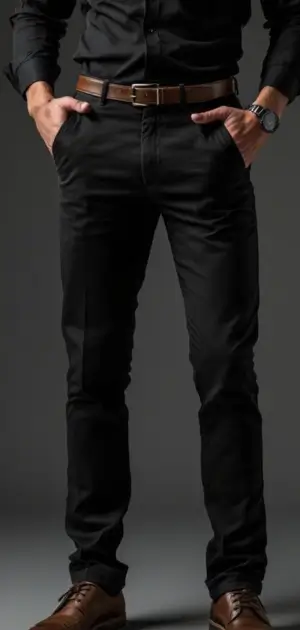 Man in black trousers with a black shirt, brown belt, and brown shoes