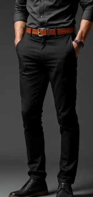 Man in tailored black trousers with a dark shirt, tan belt, and black dress shoes
