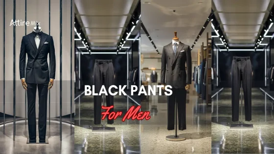 collage featuring Black Pants For men and suits for men in stylish settings