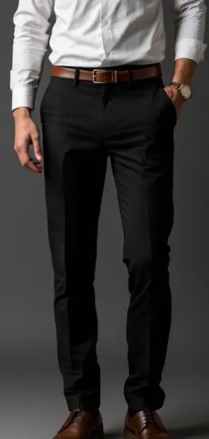 Man wearing black trousers with a white shirt, brown belt, and brown dress shoes.