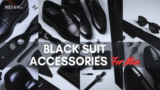 Black suit styled with accessories like pocket square and tie