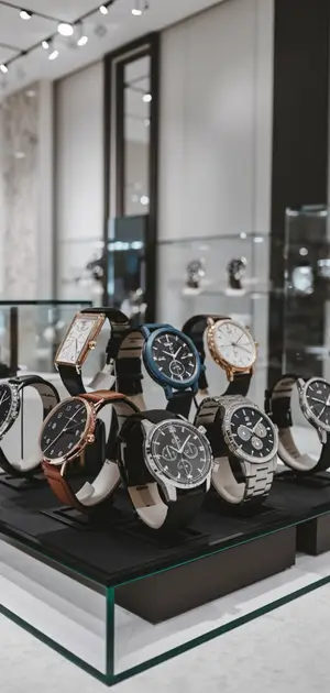 Black watches with different strap options displayed on a glass shelf.