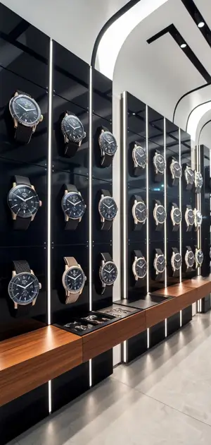 long showcase featuring a collection of black wristwatches in a store.