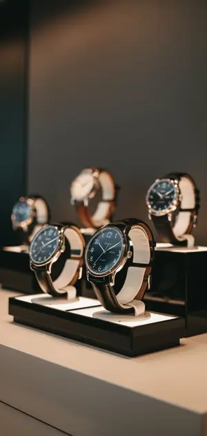 Close-up of black watches with leather straps displayed on stands