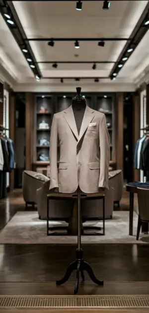 Tailored neutral blazer in an elegant fashion store