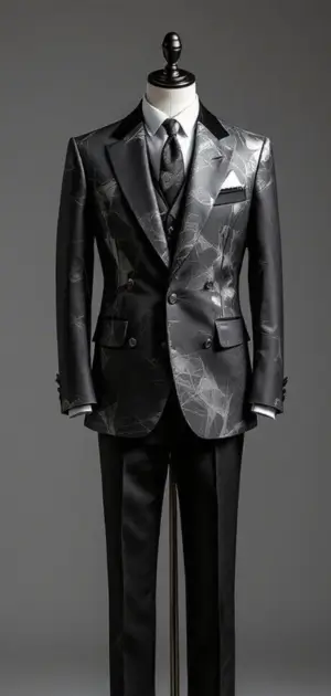 A black abstract-patterned blazer with satin lapels, matching vest, and tie on a mannequin