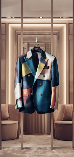 Dark abstract blazer with light accents in an upscale setting