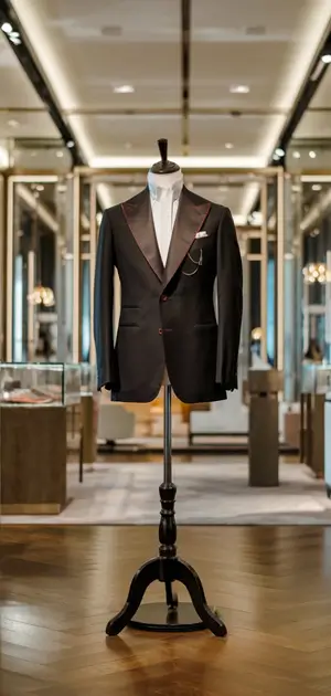 Double-breasted black blazer on display