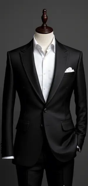 A classic black suit with a white dress shirt and white pocket square on a mannequin