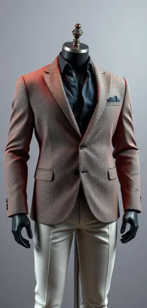 Textured brown blazer with black shirt and cream trousers