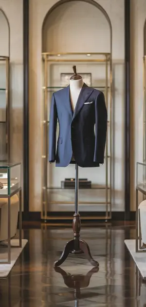 Navy blue double-breasted blazer displayed in a luxury showroom