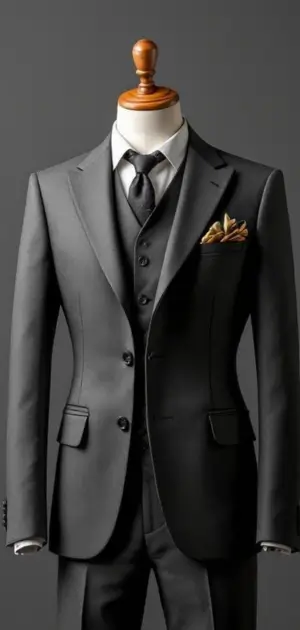 Black three-piece suit with black tie and gold pocket square