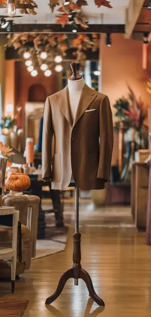 Tan blazer styled with turtleneck and fall decor
