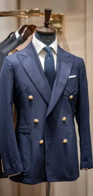 Formal blue linen blazer with bow tie for men