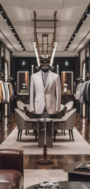 Neutral blazer featured in a modern boutique