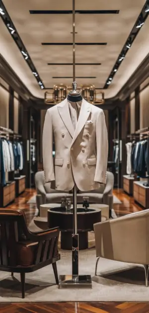 Single-breasted neutral blazer displayed in upscale boutique