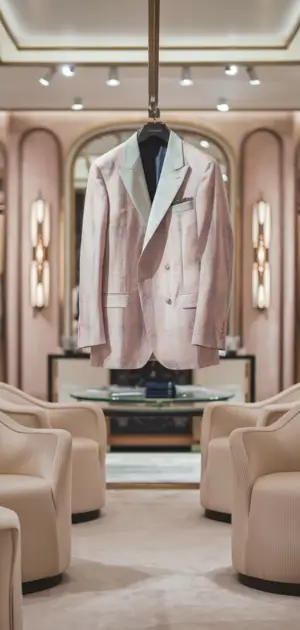 Light pastel blazer for men in a high-end retail setting