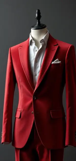 A slim-fit red blazer with a white shirt and pocket square, shown on a mannequin
