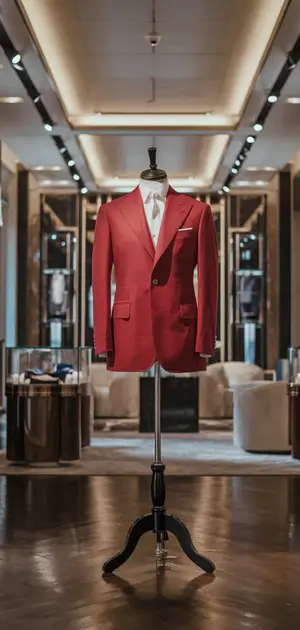 Stylish red double-breasted blazer on a mannequin in a bright showroom