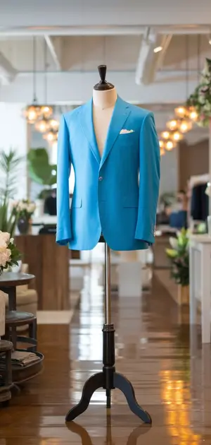 Bright blue blazer with a shirt on a mannequin.