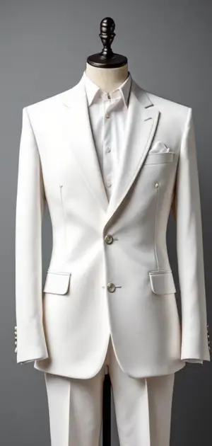 A close-up of a slim-fit white blazer with a classic shirt and pocket square
