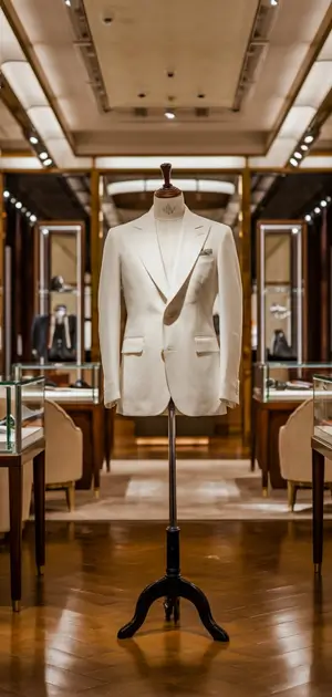 White blazer with red trim details on display