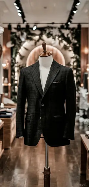 Checkered blazer on a mannequin in a winter-themed store with decorations