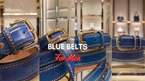 collection of Blue Belts For men with various designs and buckles displayed in a premium store.